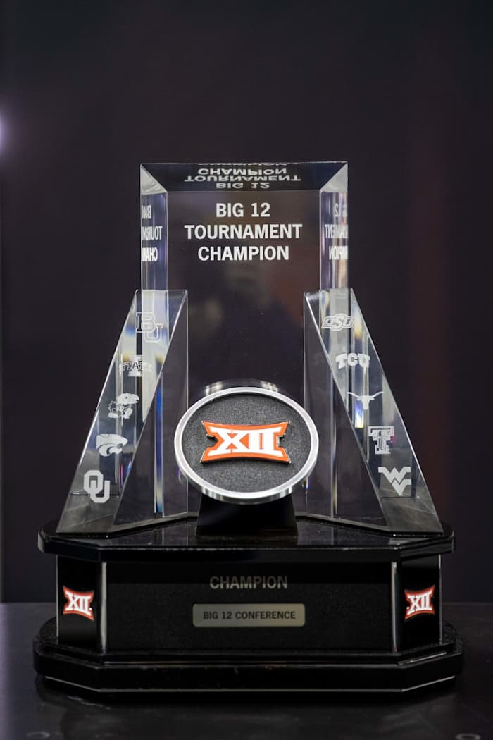 Oct 20, 2021; Kansas City, MO, USA; Big 12 trophy on display for the Big 12 Basketball Tipoff event at T-Mobile Center. Mandatory Credit: William Purnell-USA TODAY Sports